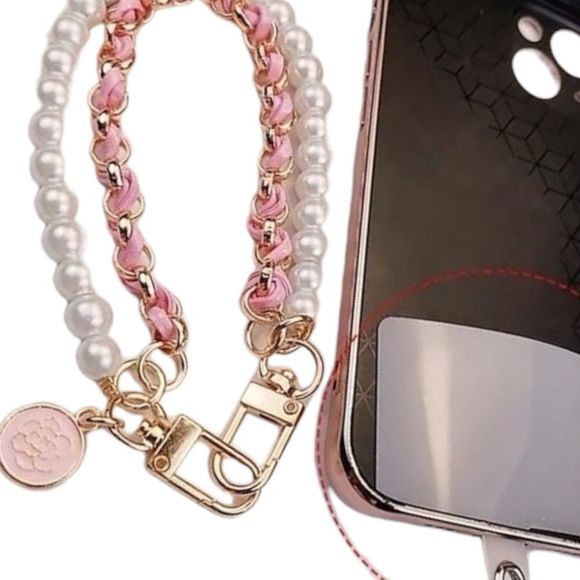 Camellia Pink Leather Pearl Mobile Phone Ring Anti-Theft Bracelet Lanyard - Picture 4 of 5